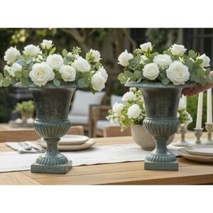 Vintage Metal Style Verdigris Urn Vases Set of 2 Classical Fluted Pedestal 10"